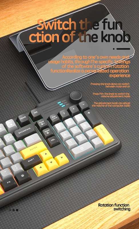 Wired Keyboard - Silent Red Switches, Ergonomic Design, Color-Blocked Keycaps, for Gaming/Office with Control Knob