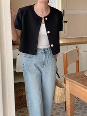 Chic Korean Sle round Ne Metal Single Button Loose ort Sve Outerwear for Women Summer Faion Commute Pure Color