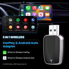 محول 2 في 1 سلكي إلى لاسلكي CarPlay ومحول لاسلكي Android Auto، التوصيل والتشغيل