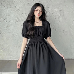 فستان نسائي صيفي من Faion بياقة مربعة من Sweet Retro Dr Tea Break First Love Long Bla Dr Waist Cinched