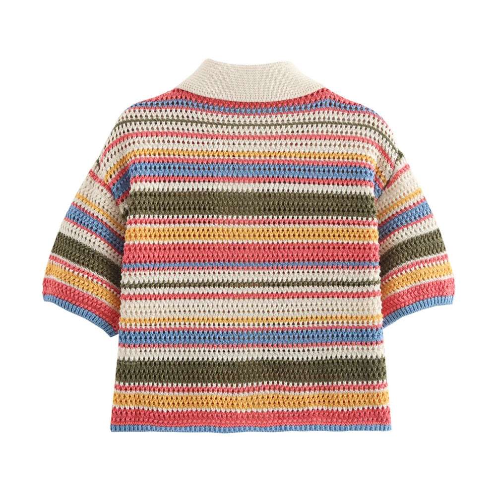 2024 Autumn European And American New Women's Fashion Casual Stripe Printed Short Sleeve Flip Collar Cardigan Casual Shorts Set