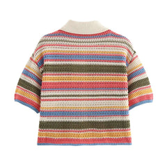 2024 Autumn European And American New Women's Fashion Casual Stripe Printed Short Sleeve Flip Collar Cardigan Casual Shorts Set