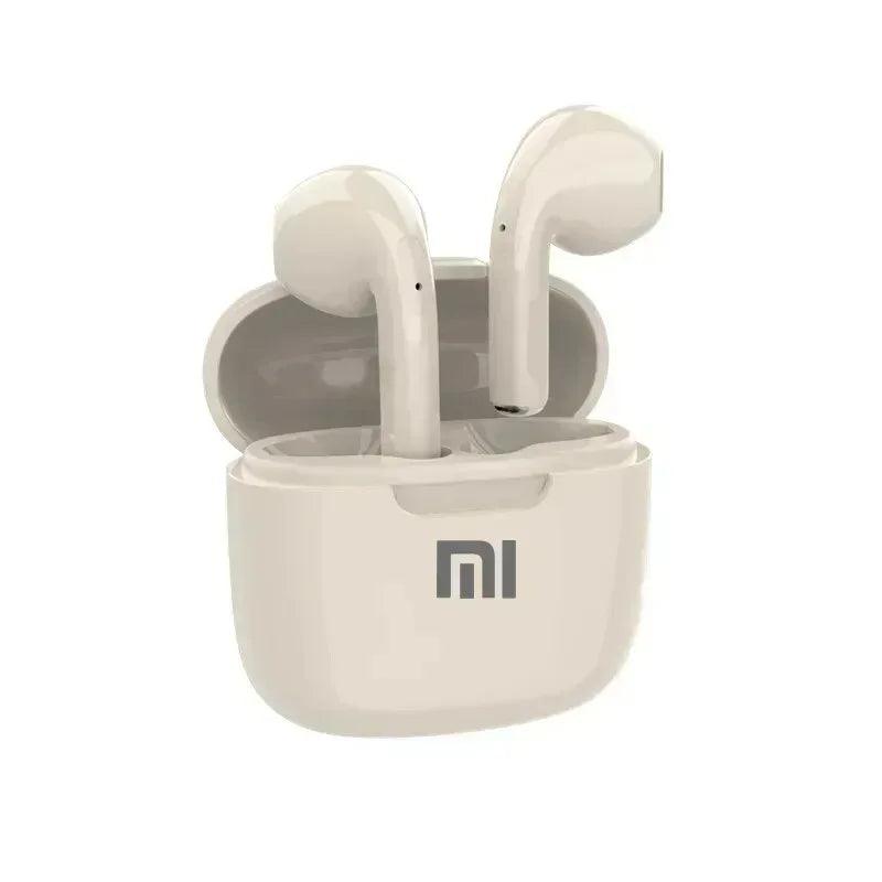 White wireless earbuds in a charging case, open-lid design