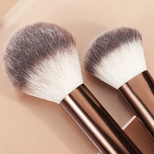 Pair of makeup brushes with rose-gold handles and white-and-gray fan bristles