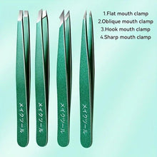 4-piece precision stainless steel tweezer set with slanted tips, green finish
