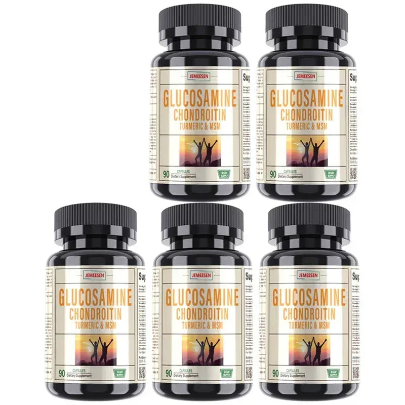 Set of six Glucosamine Chondroitin supplement bottles with black caps