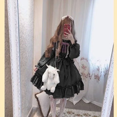 Alice In Wondeland Cute Women Lolita OP Dress Flouncing Lace Trim Japanese Harajuku Long Sleeves Doll Teen Dress Fairy Vestidos