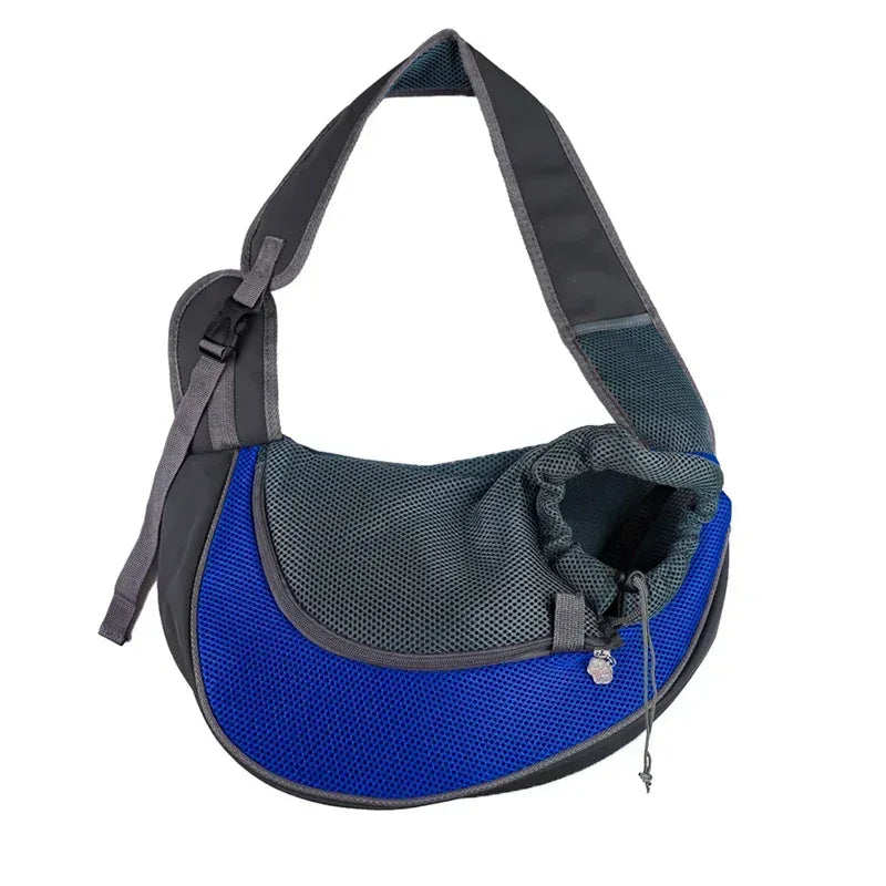 Mesh pet carrier sling bag with adjustable straps, dark gray and royal blue bottom