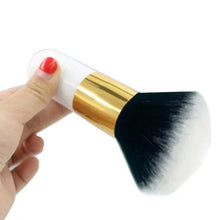 Large fan-style face makeup brush with gold ferrule and soft black bristles