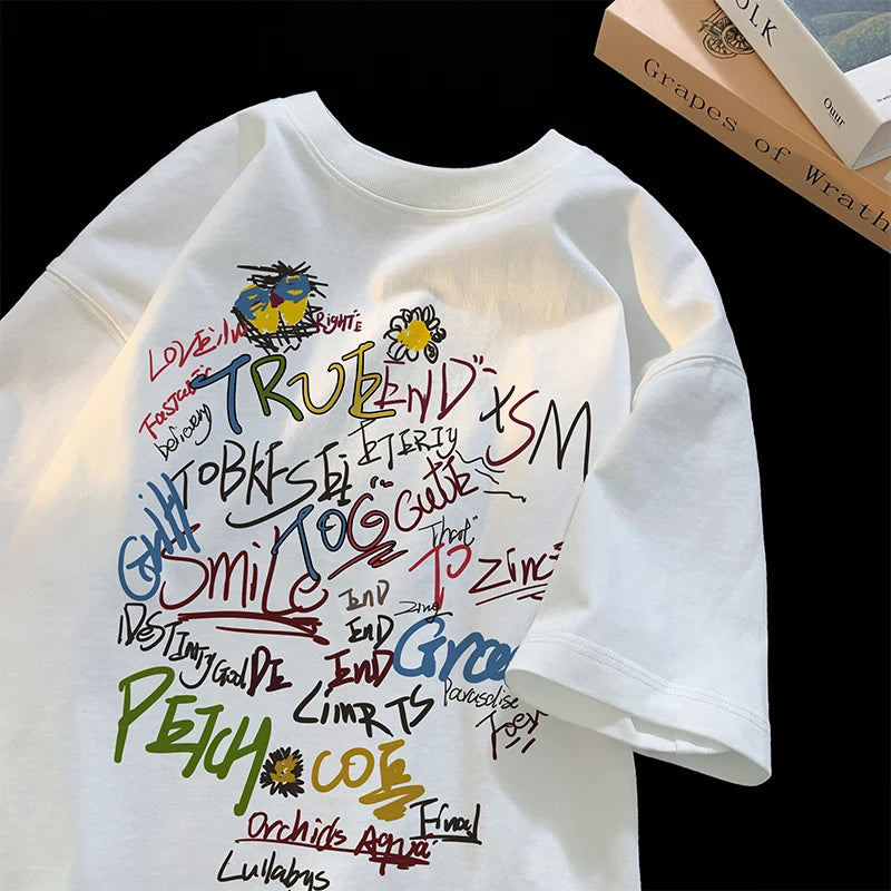 ex Pure Cotton ort Sve T-irt fiti Letter Print Casual Faionable UV Protection Coating Tag Removed Clothing