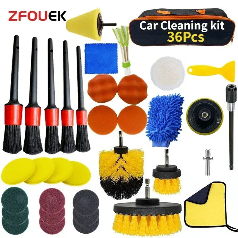 Car cleaning kit 36-piece set with drill brushes, pads, sponges and storage bag