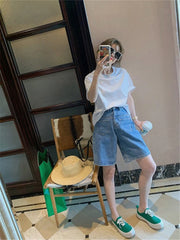 High Waist Wide Leg Jeans orts plus Size Loose Slimming Design Thin Five-Quarter Mid-Pants for plus Size Women Summer