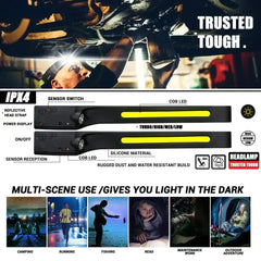 Rugged headlamp with sensor switch, yellow LED bar, and front spot LED