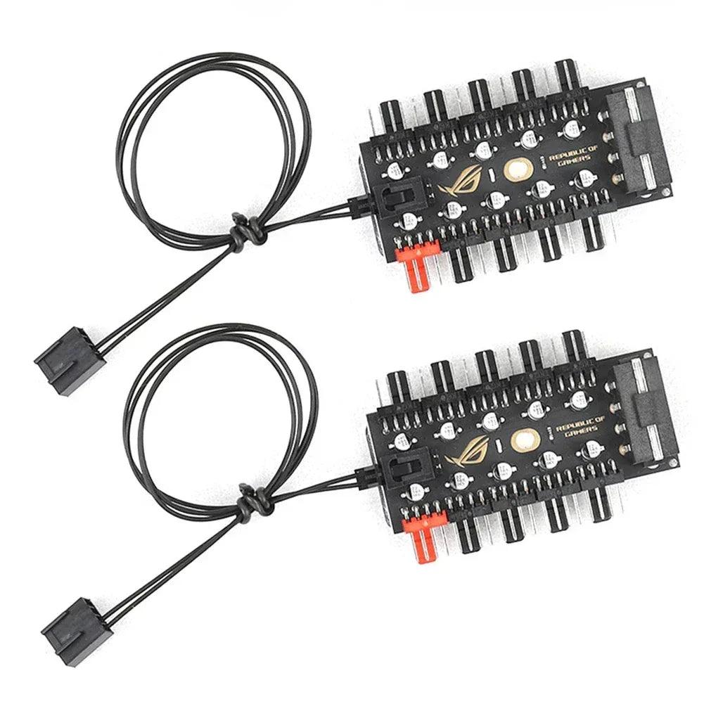 4-pin PWM fan hub splitter with two units shown, black cables, and pin header rows