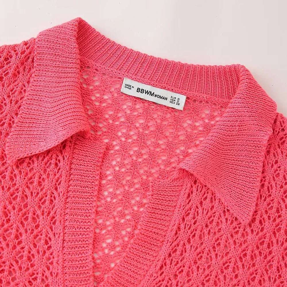 Women Fashion New Short Sleeve Jacquard Mesh Loose Polo Collar Sweater Pullover Tops Chic Female Knit Sweaters Mujer