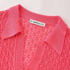 Women Fashion New Short Sleeve Jacquard Mesh Loose Polo Collar Sweater Pullover Tops Chic Female Knit Sweaters Mujer