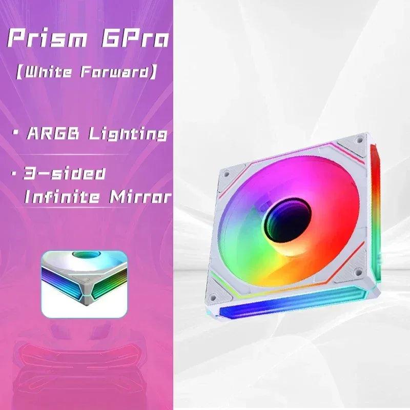 120mm ARGB PC case fan in white frame with rainbow infinite mirror glow