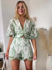 طقم شورت نسائي مكون من قطعتين، بلوزة قصيرة مطرزة، موضة جديدة 2024، طقم شورت نسائي صيفي مكون من قطعتين، ملابس نسائية