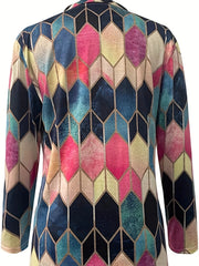 Elegant Women's Polo Zipper Top - Geometric Design, Stretch & Durable, Versatile Office Wear