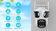 كاميرا IP خارجية ثلاثية العدسات PTZ بدقة 6K عالية الدقة وكاميرا أمان ثلاثية الشاشات مزودة بخاصية WiFi وتتبع تلقائي وكاميرا CCTV لاسلكية مزدوجة العدسات بدقة 4K iCsee