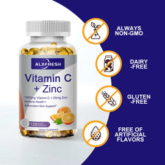 Alxfresh Vitamin C with Zinc for Hair Skin Nails and Brain Heart Health Supports Cellular Level Defense Immune System Booster