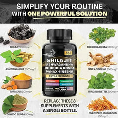 Shilajit 9000 Panax Ginseng South African Drunken Solanum, Rhodiola, Turmeric, Ginkgo, Urticata, Cordyceps, Mushroom