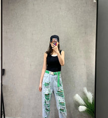 High Waist Skinny Jeans Women's Thin Denim Pants Bell Bot Casual Loose Fit Nine-Tenths Length Hole Design Harlan Sle