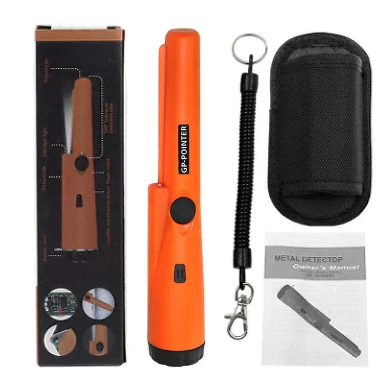 Orange handheld metal detector pinpointer kit with box, strap lanyard, and pouch