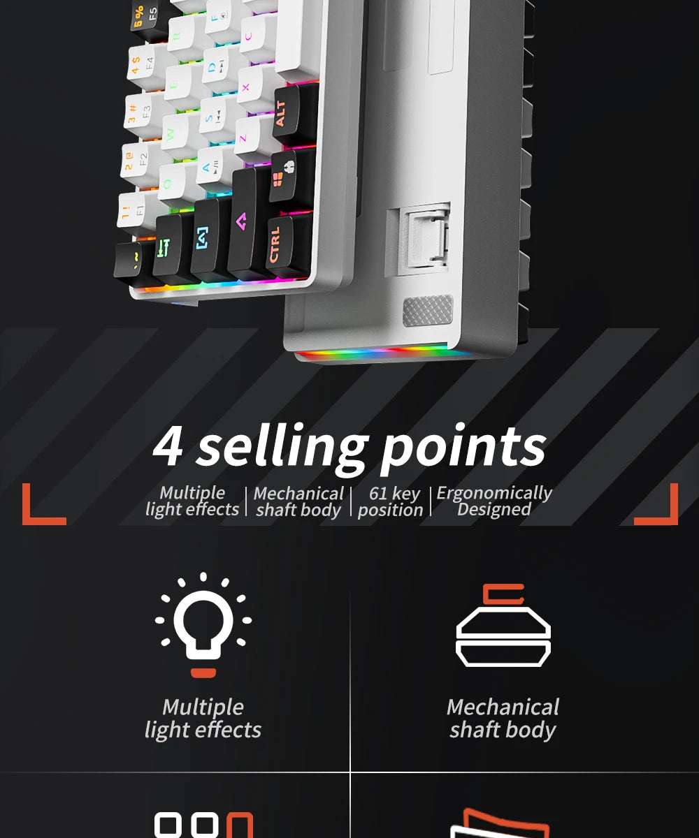MUCAI MK61 RGB Backlit Gaming Mechanical Keyboard 61-Key Red Switch Wired Detachable Cable USB Interface Hot Swappable