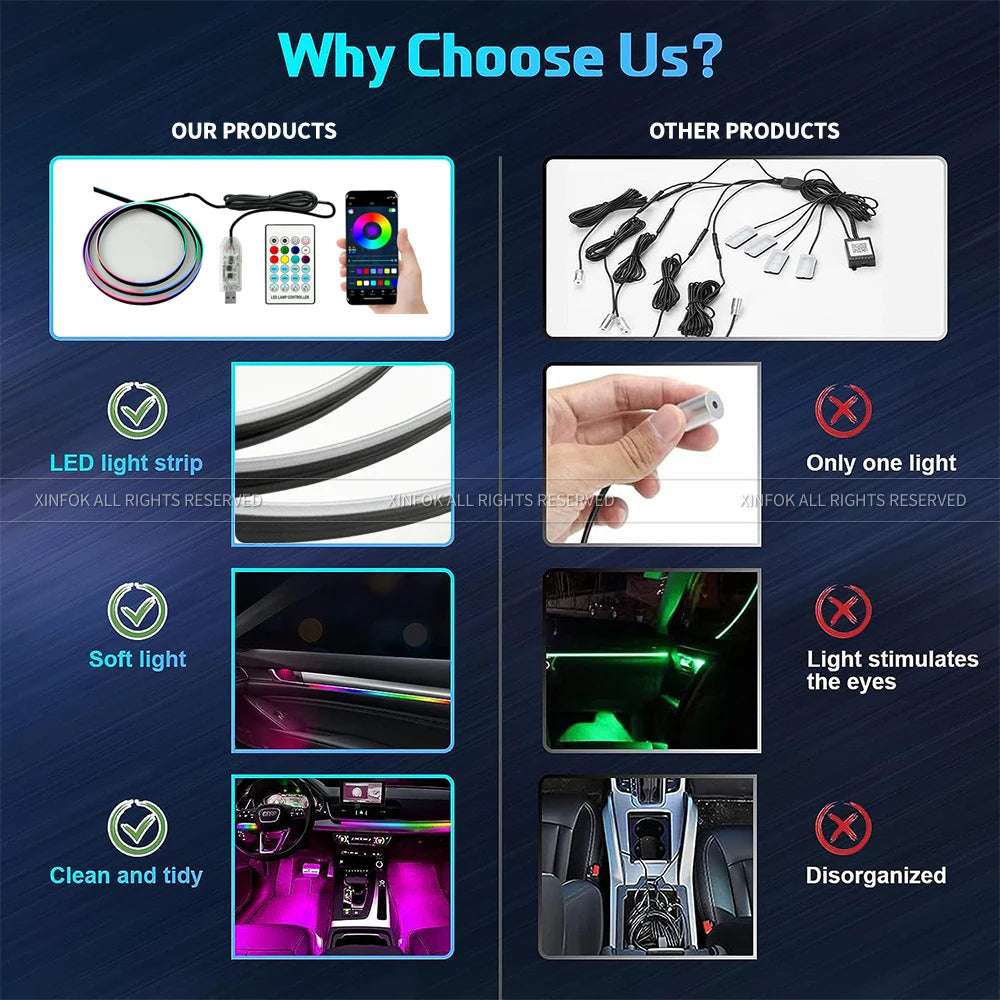 Car LED Ambient Light 64 Color Acrylic Strips 110cm Full Colors RGB Car Interior Hidden App Remote Control Atmosphere Lamp