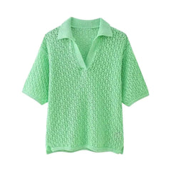 Women Fashion New Short Sleeve Jacquard Mesh Loose Polo Collar Sweater Pullover Tops Chic Female Knit Sweaters Mujer