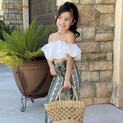 Fashion Baby Girl Cotton Tshirt Off Shoulder Candy Color Summer Child Short Blouse Puff Sleeve Crop Top Baby Clothes 1-7Y