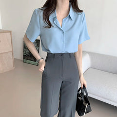 Ele Chiffon irt ort Sve Summer New Loose Collar  Ne White Top Women's Faion Commute Sle Straight Cut