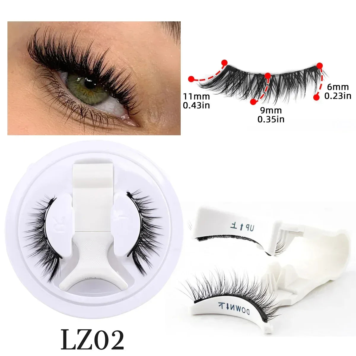Magnetic false eyelashes set with curved lash strips, white tray, and applicator tool