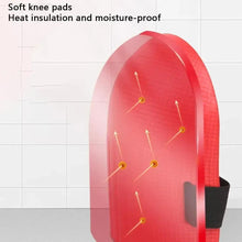 Red knee pad with black side strap, curved profile with comfort cushioning marks.