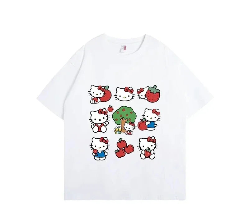 Hello Kitty Sanrio Fun Print Cotton T-Shirt Summer Cartoon Graphic Woman T-shirt Round Neck Plus Size Loose Casual Clothes
