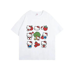 Hello Kitty Sanrio Fun Print Cotton T-Shirt Summer Cartoon Graphic Woman T-shirt Round Neck Plus Size Loose Casual Clothes