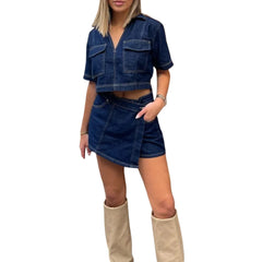 Women’s 2 Piece Denim Outfits Set Short Sleeve Lapel Neck Cropped Jean Pullover Tops + Button High Waist Asymmetrical Shorts
