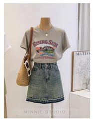 Anti-Aging Cartoon Print ort Sve Women's T-irt Loose Fit Summer Casual round Ne oulder Appropriate Outerwear