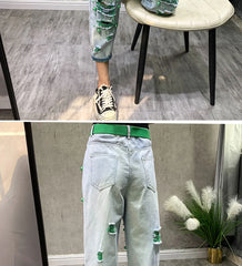 High Waist Skinny Jeans Women's Thin Denim Pants Bell Bot Casual Loose Fit Nine-Tenths Length Hole Design Harlan Sle
