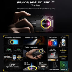 هاتف Ulefone Armor Mini 20 Pro 5G الذكي المتين 4.7 بوصة 64 ميجابكسل كاميرا ليلية 8 جيجابايت + 256 جيجابايت بطارية 6200 مللي أمبير هاتف محمول أندرويد 14 LED NFC