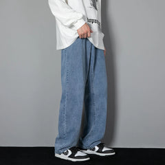 2025 New Korean Men's Casual Long Jeans Classic Man Straight Denim Wide-leg Pants Solid Color Light Blue Grey Black