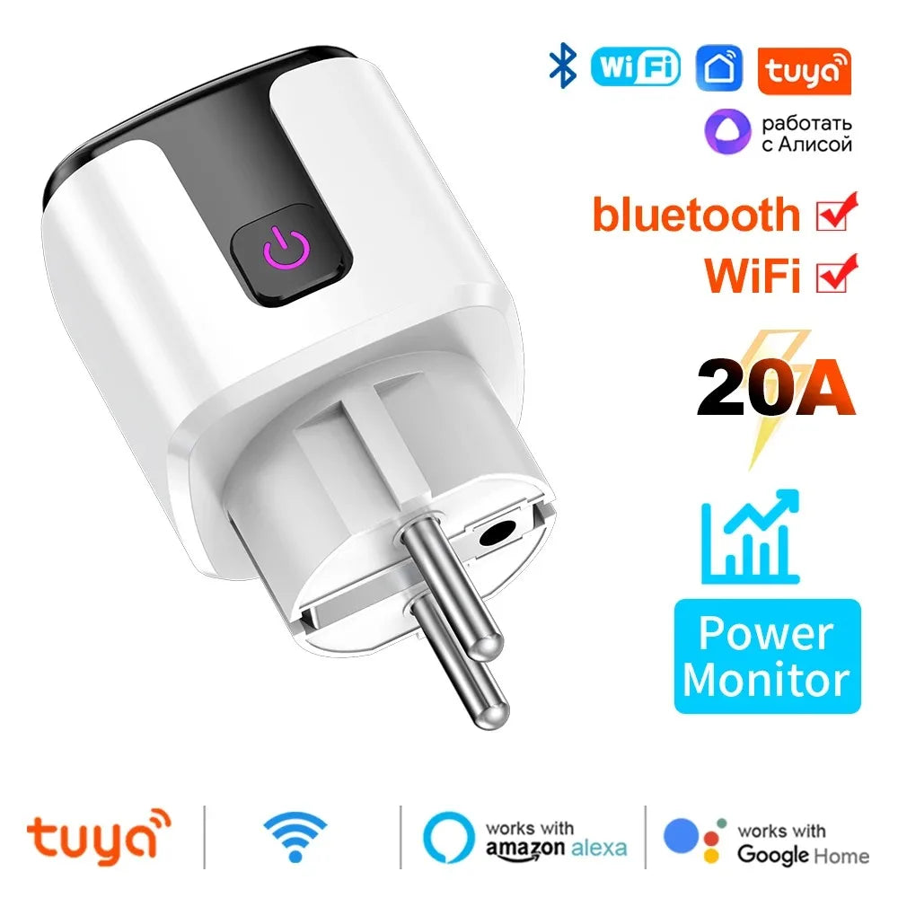 مقبس Tuya Smart EU Plug WiFi+Bluetooth 20A مع مؤقت مراقبة الطاقة وقفل للأطفال ومنفذ Google Home Alice SmartThings Alexa