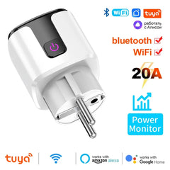 مقبس Tuya Smart EU Plug WiFi+Bluetooth 20A مع مؤقت مراقبة الطاقة وقفل للأطفال ومنفذ Google Home Alice SmartThings Alexa