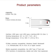 محرك أقراص فلاش USB 3.2 معدني عالي السرعة من شاومي بسعة 2 تيرابايت و512 جيجابايت و1 تيرابايت ومحرك أقراص USB محمول مقاوم للماء