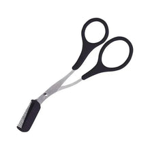 Black scissors-style eyebrow trimmer with comb head and stainless steel blades