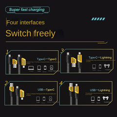 2024 New Mecha Four-in-one 6A Fast Charging Data Cable Yellow and Black Braided Double Typec Two-to-two Charging Cable