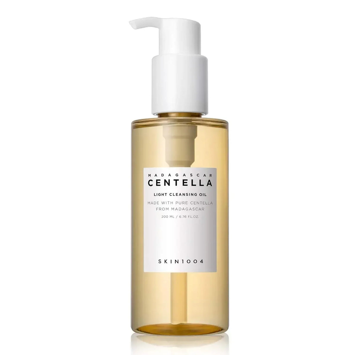 Skin1004 light cleansing oil bottle with white pump, amber glass, and gold liquid