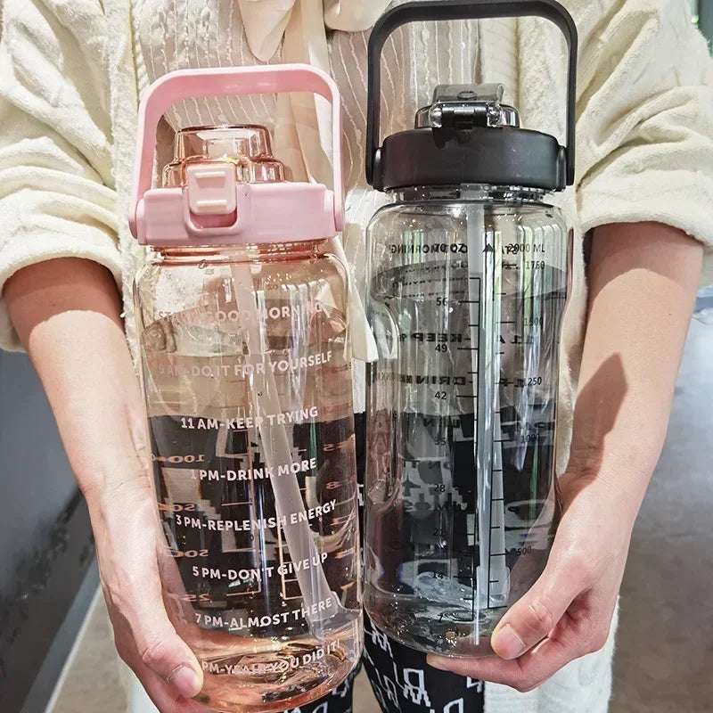 2L Water Bottle Portable Straw Plastic Water Cup for Outdoor Sports Fitness Adult High Value Big Fat Cup with Time Marker