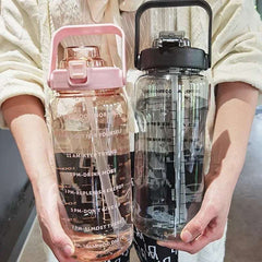 2L Water Bottle Portable Straw Plastic Water Cup for Outdoor Sports Fitness Adult High Value Big Fat Cup with Time Marker